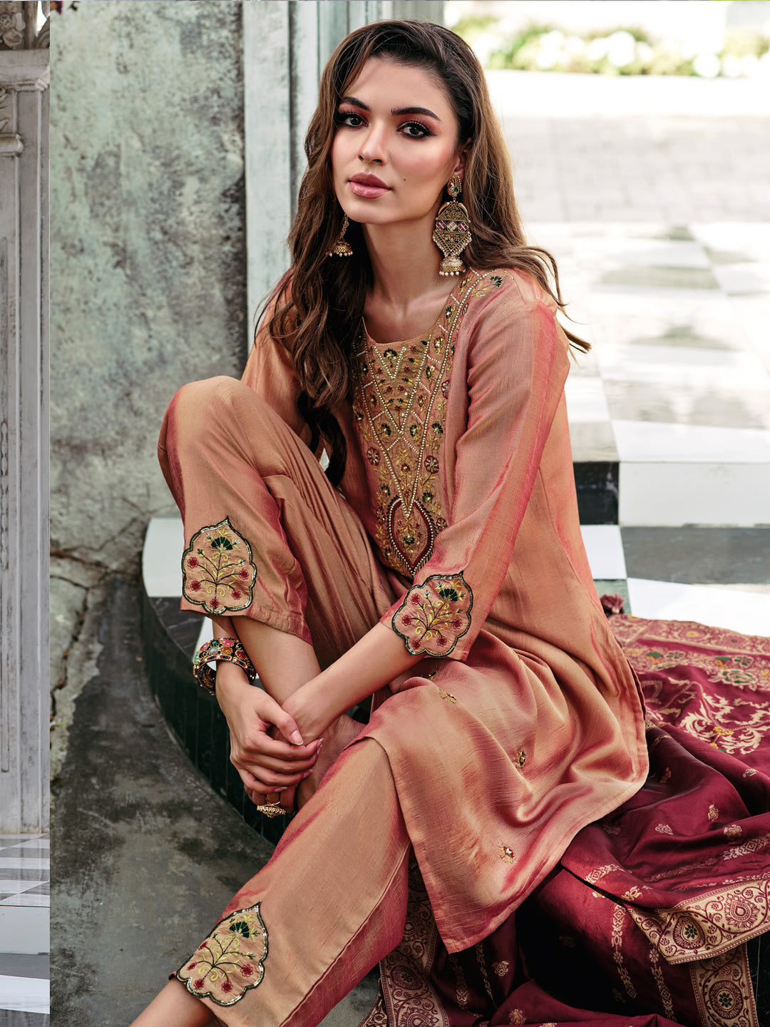 Savitri Women Kurta and Trouser Duppata Set Silk Blend - FitVibe Fashion