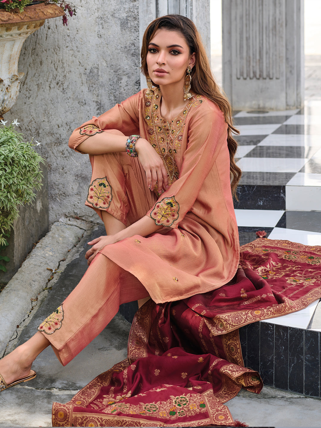 Savitri Women Kurta and Trouser Duppata Set Silk Blend - FitVibe Fashion