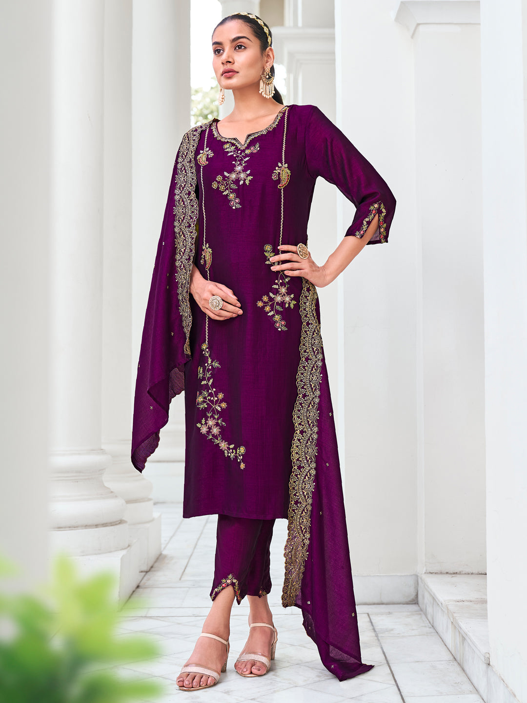 Swara Women Kurta and Trouser Duppata Set Silk Blend - FitVibe Fashion