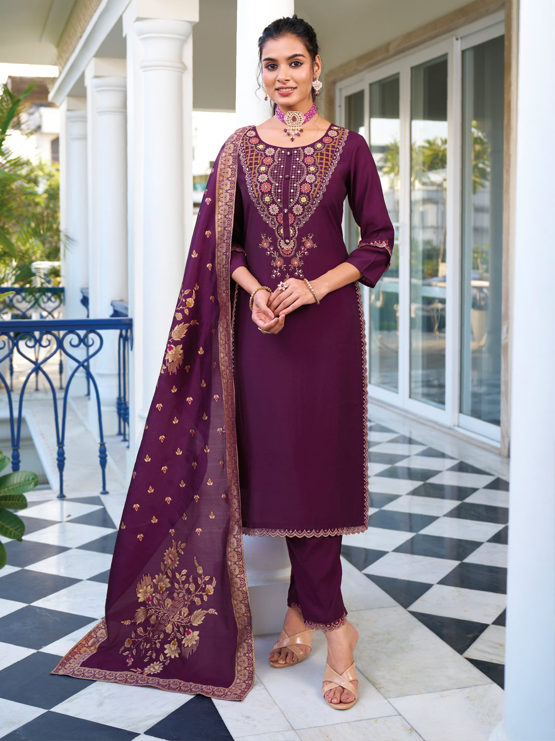 Women Kurta and Trouser Duppata Set Pure Viscose Silk - FitVibe Fashion