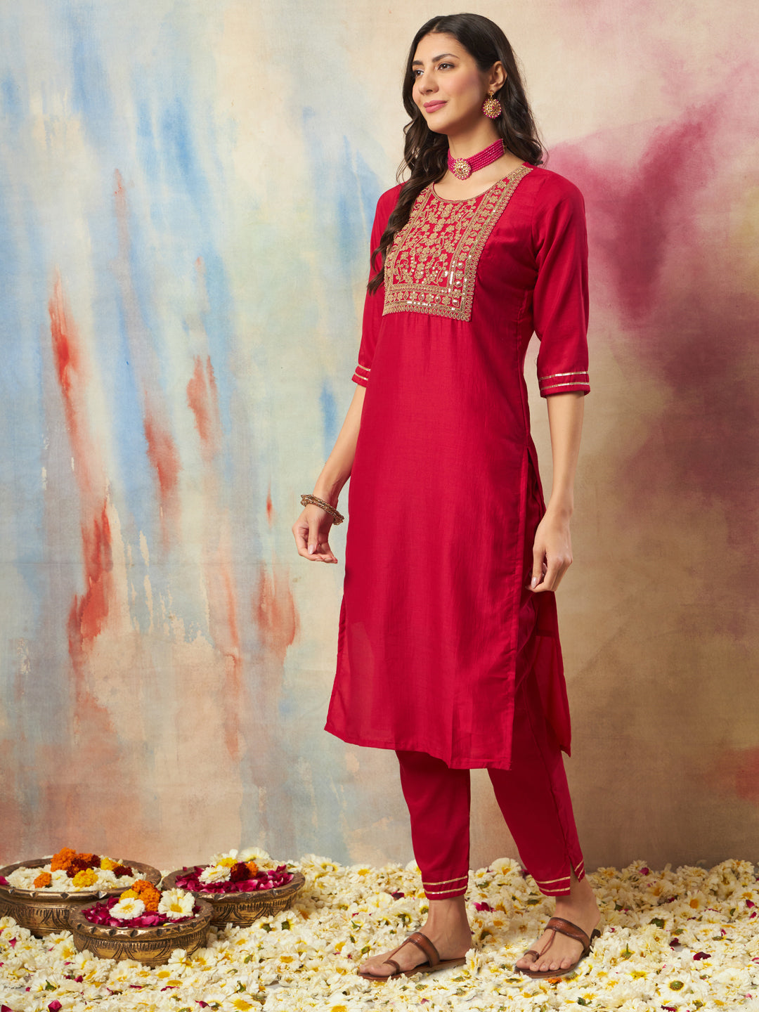 Women Kurta and Trousers Pant Set Cotton Blend - FitVibe Fashion