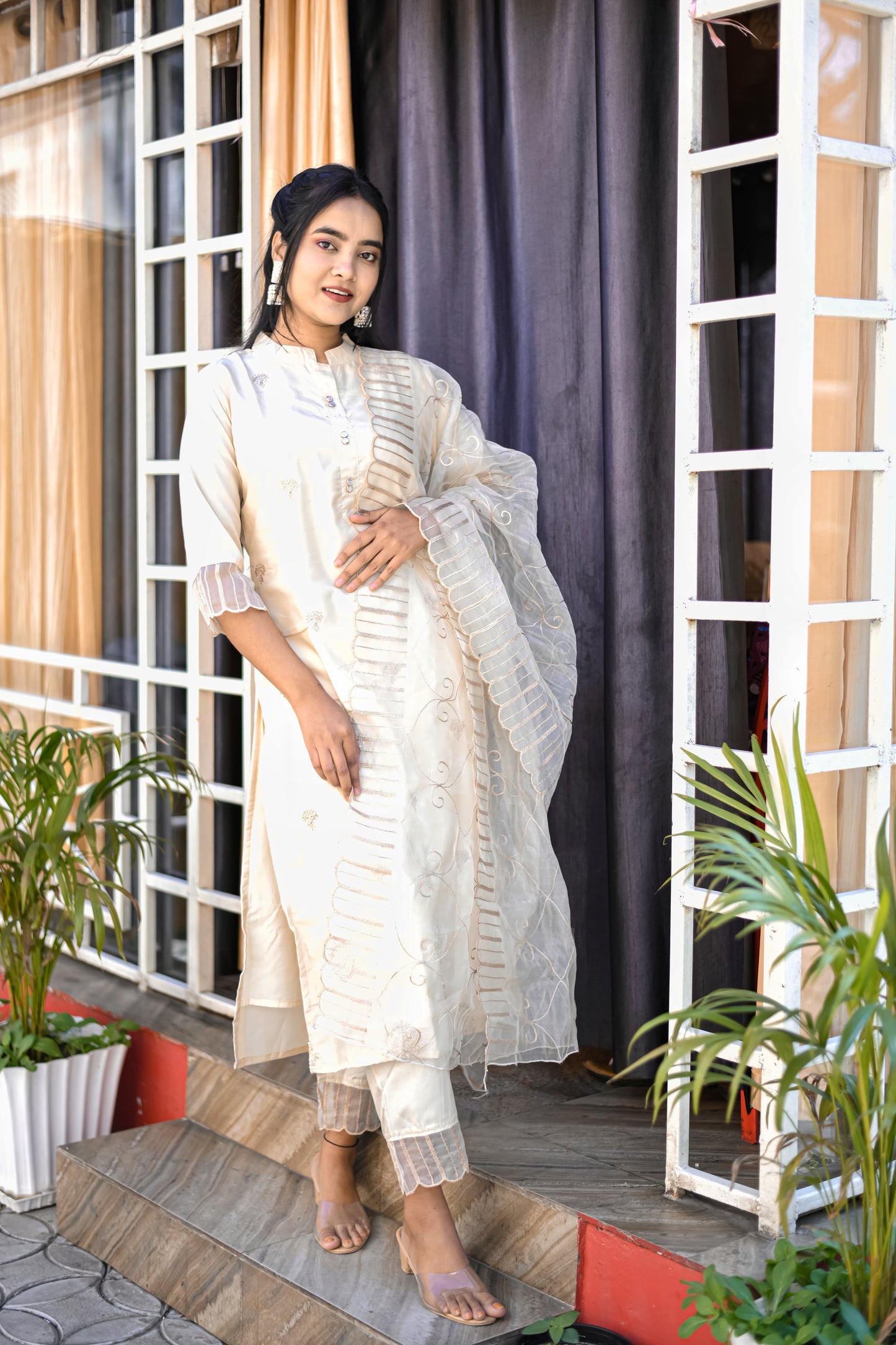 Harsita Silk Blend High Neck Kurta and Trousers Pant Set - FitVibe Fashion