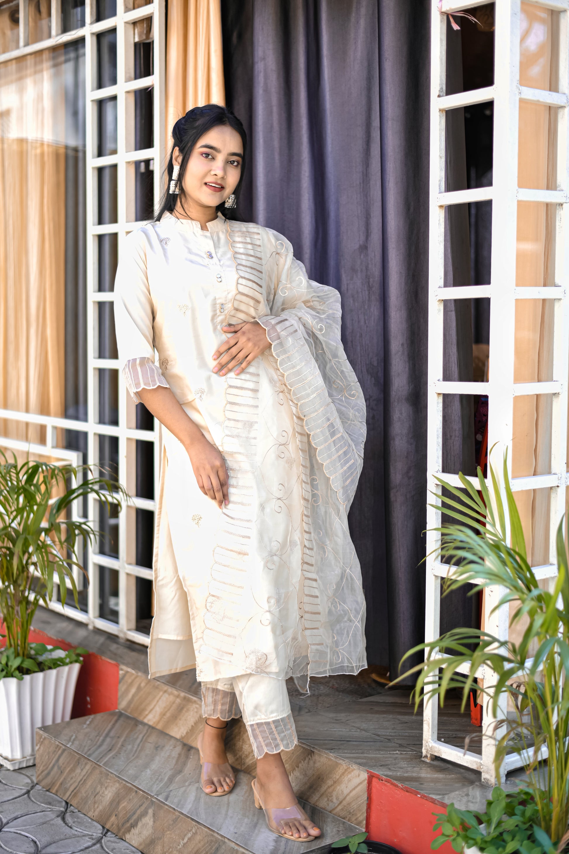 Harsita Silk Blend High Neck Kurta and Trousers Pant Set - FitVibe Fashion