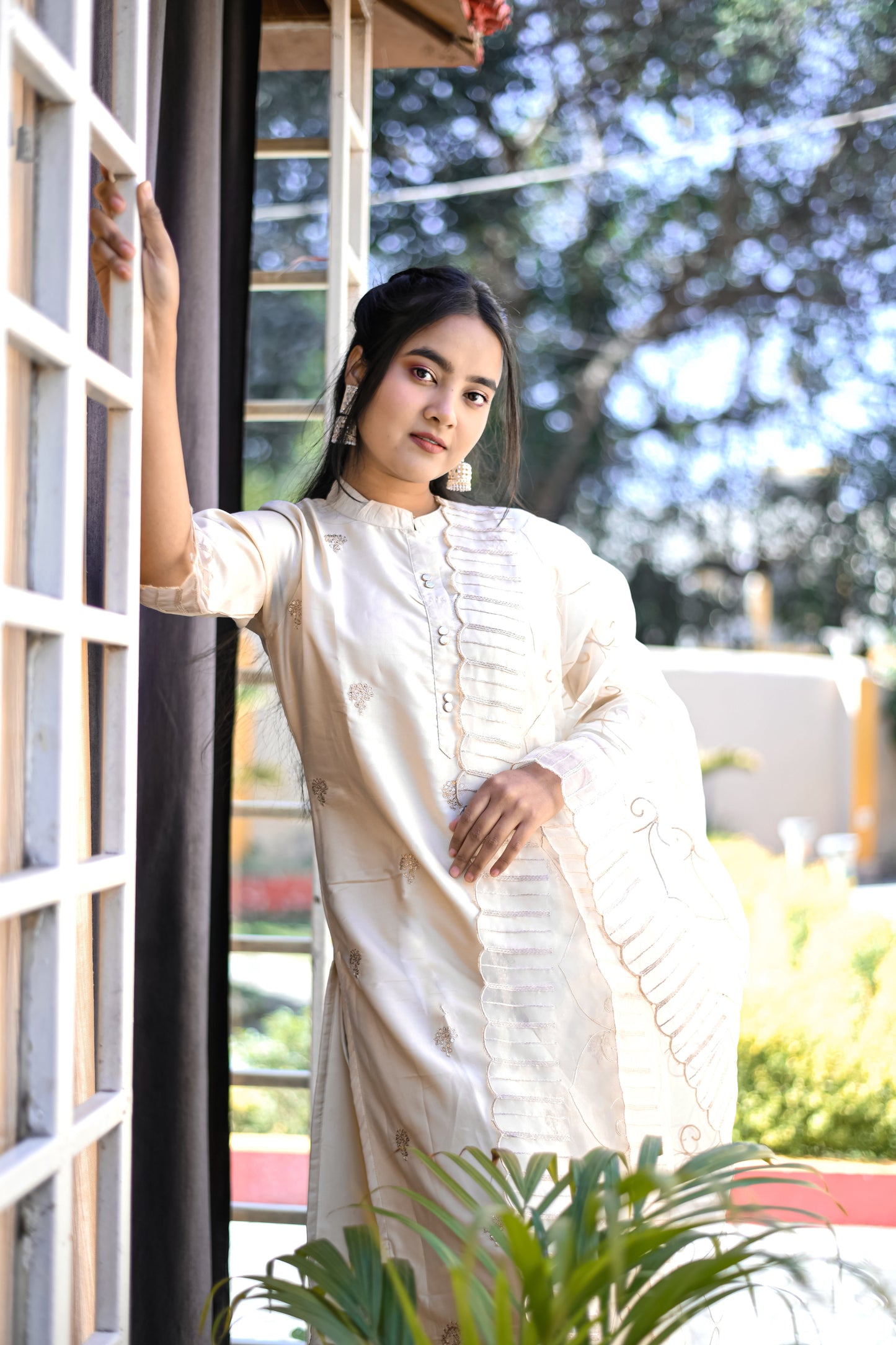 Harsita Silk Blend High Neck Kurta and Trousers Pant Set - FitVibe Fashion