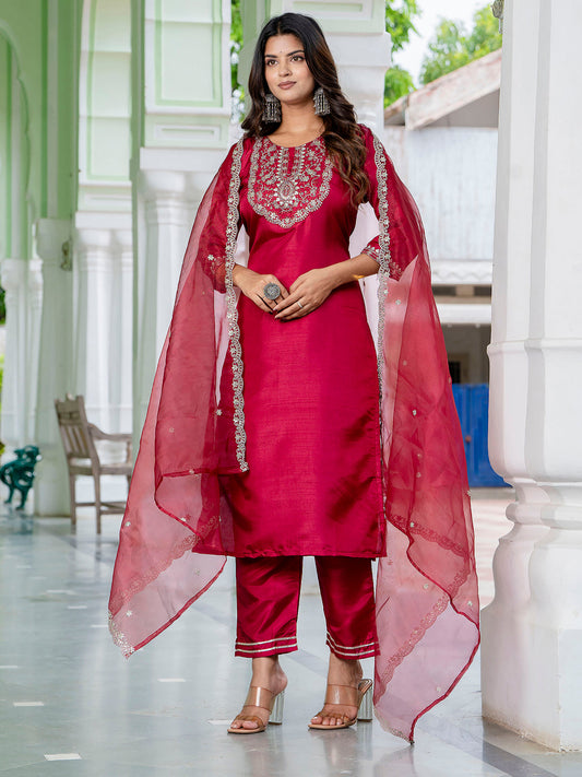 Purnima Silk Blend Embroidered Kurta Set with Dupatta - FitVibe Fashion