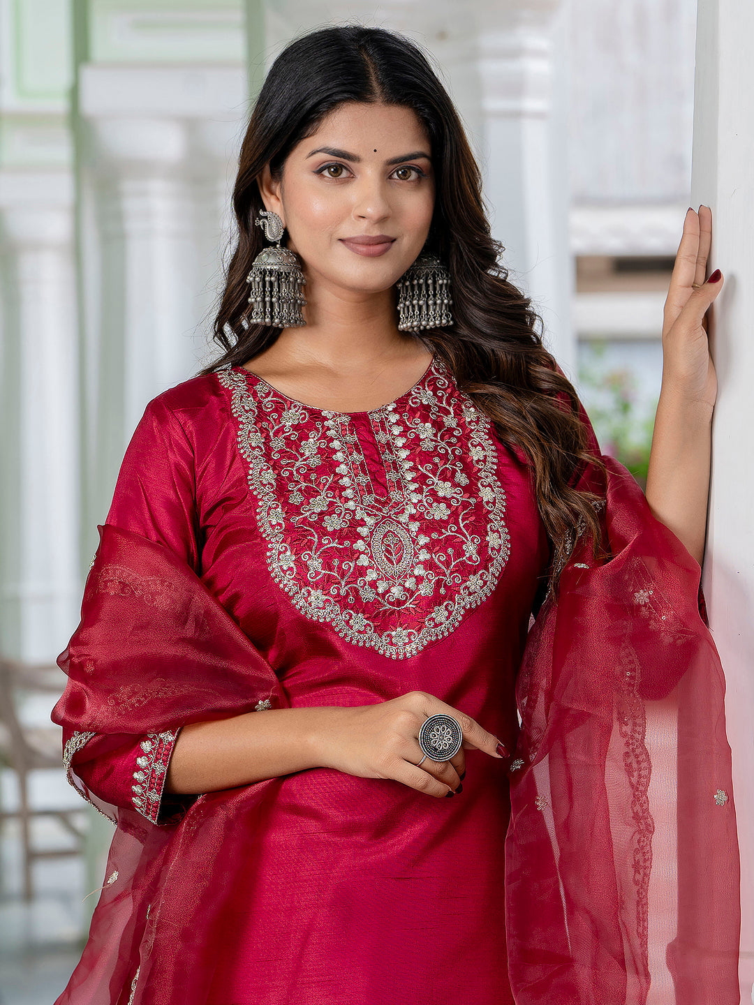 Purnima Silk Blend Embroidered Kurta Set with Dupatta - FitVibe Fashion