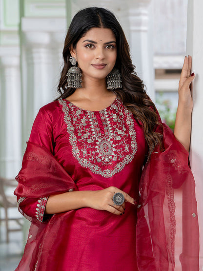Purnima Silk Blend Embroidered Kurta Set with Dupatta - FitVibe Fashion