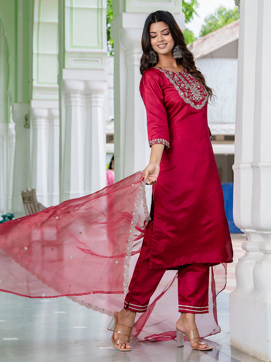 Purnima Silk Blend Embroidered Kurta Set with Dupatta - FitVibe Fashion
