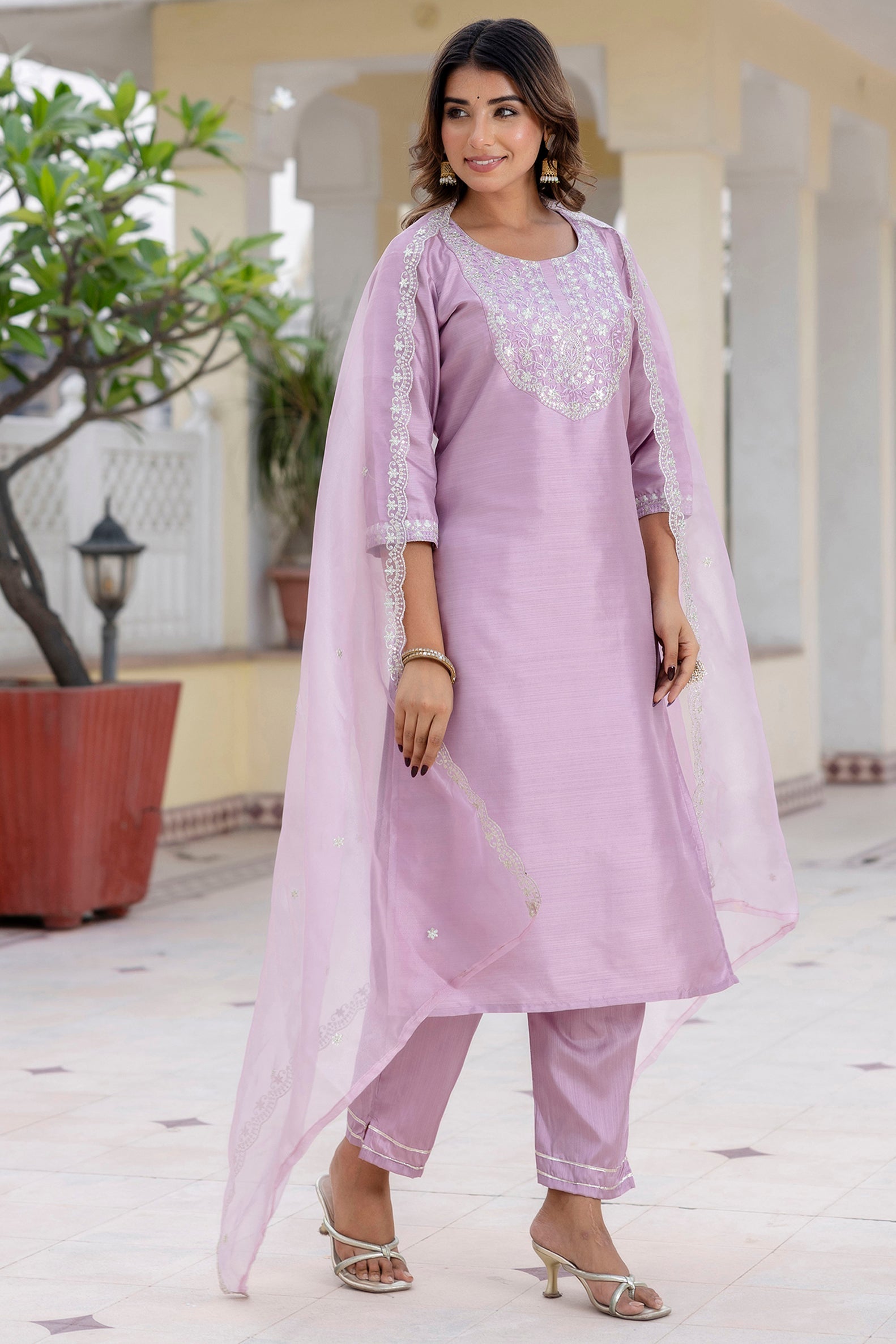 Shringar Silk Blend Embroidered Kurta Set with Dupatta - FitVibe Fashion