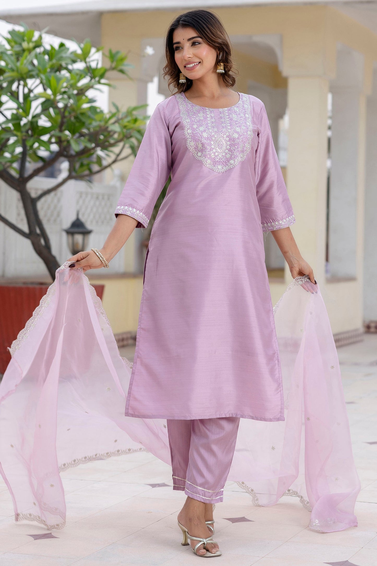 Shringar Silk Blend Embroidered Kurta Set with Dupatta - FitVibe Fashion