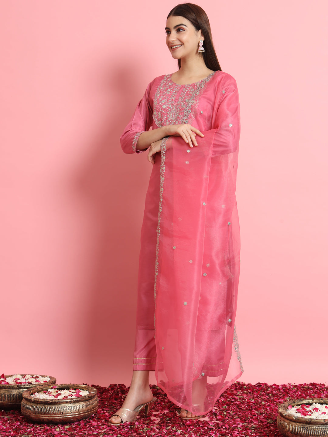 Shringar Silk Blend Embroidered Kurta Set with Dupatta - FitVibe Fashion