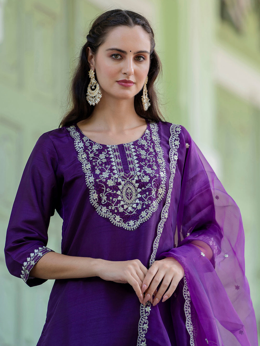 Dhara Silk Blend Embroidered Kurta Set with Dupatta - FitVibe Fashion