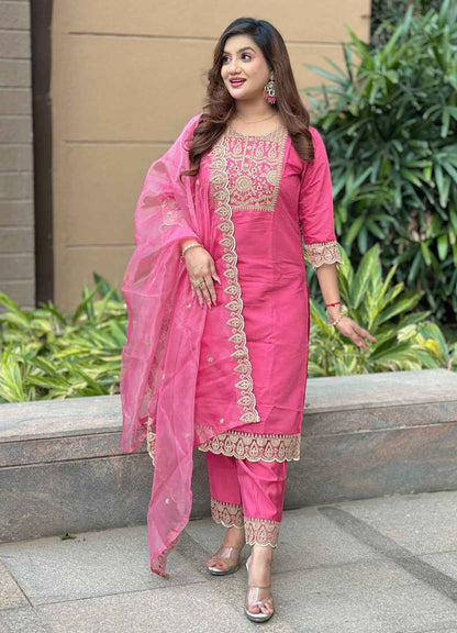 Aabharan Elegant Silk Blend Kurta Pant Dupatta Set Lightweight Soft Ready to Wear Stylish Outfit