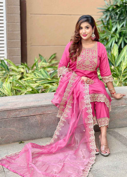 Aabharan Elegant Silk Blend Kurta Pant Dupatta Set Lightweight Soft Ready to Wear Stylish Outfit