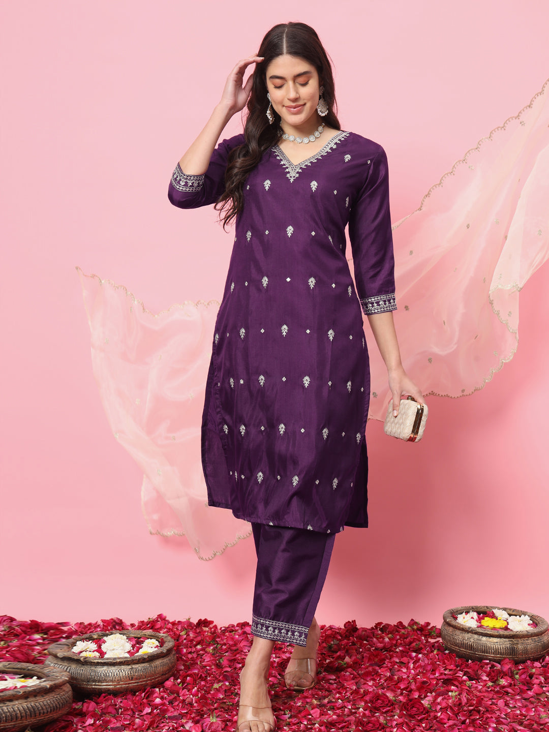 Saanjh  Silk Blend Kurta and Trouser Set with Organza Dupatta - FitVibe Fashion