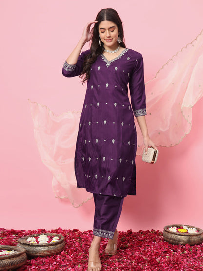 Saanjh  Silk Blend Kurta and Trouser Set with Organza Dupatta - FitVibe Fashion