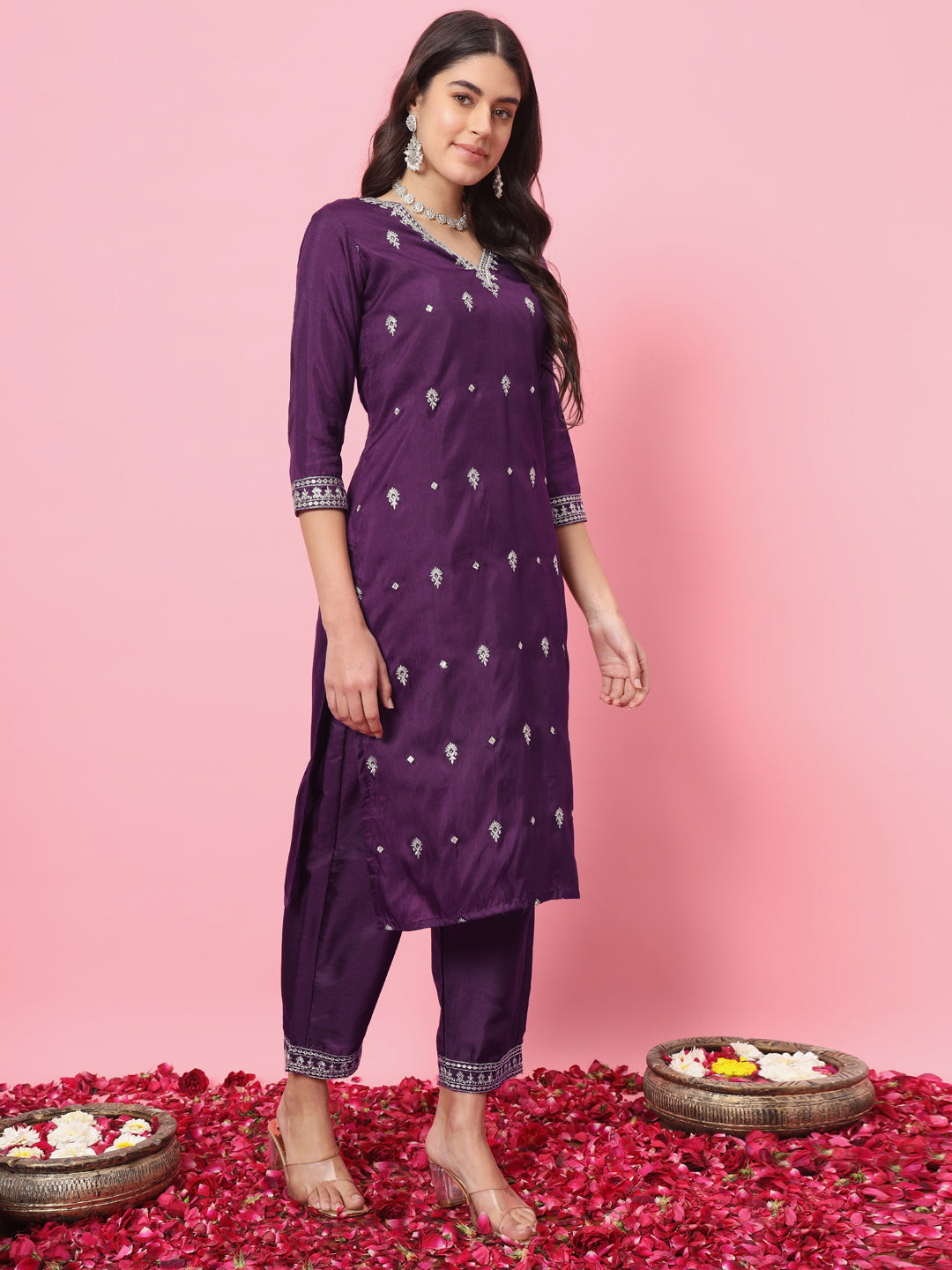 Saanjh  Silk Blend Kurta and Trouser Set with Organza Dupatta - FitVibe Fashion