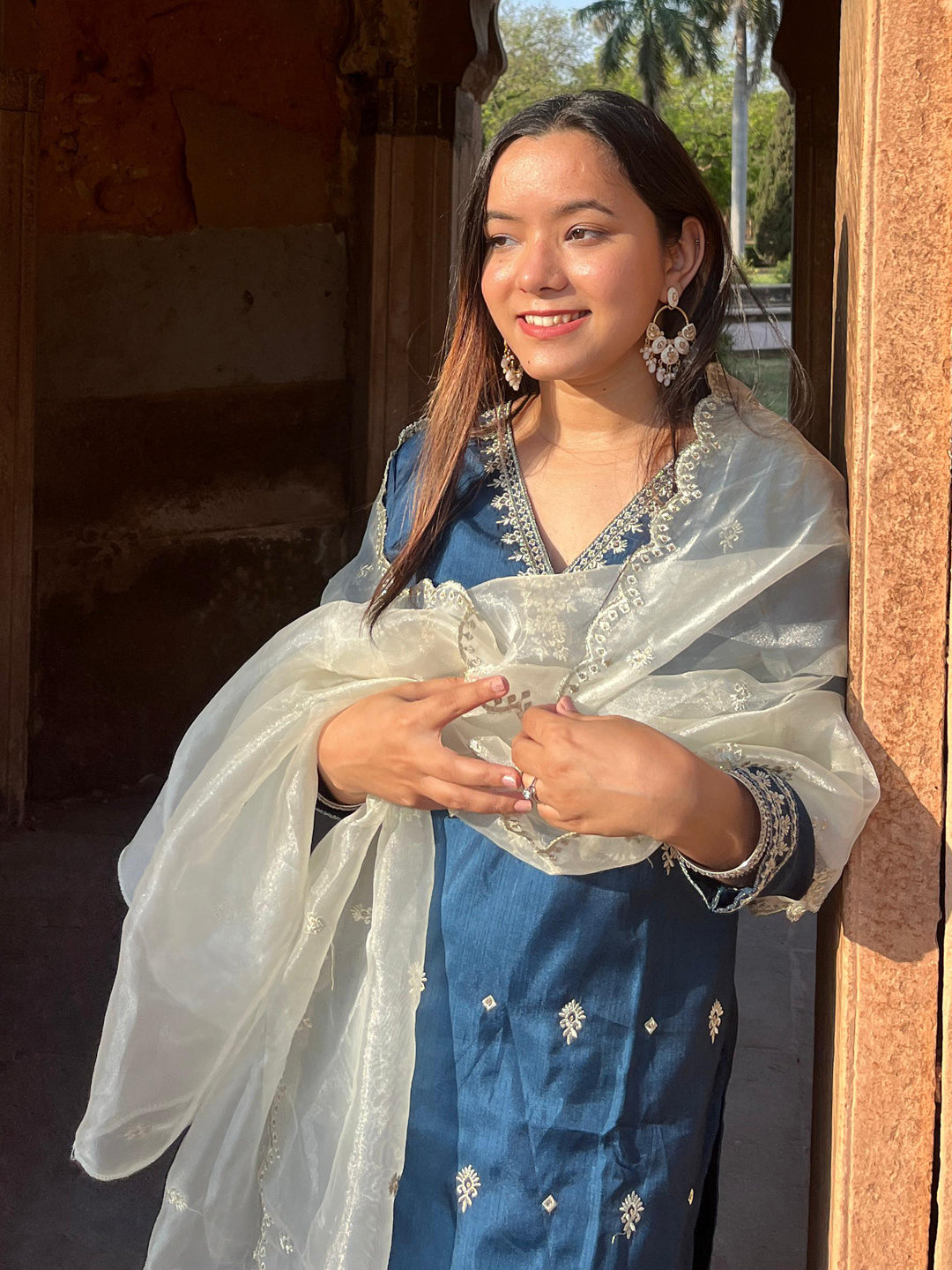 Pushp Silk Blend Kurta and Trouser Set with Organza Dupatta - FitVibe Fashion