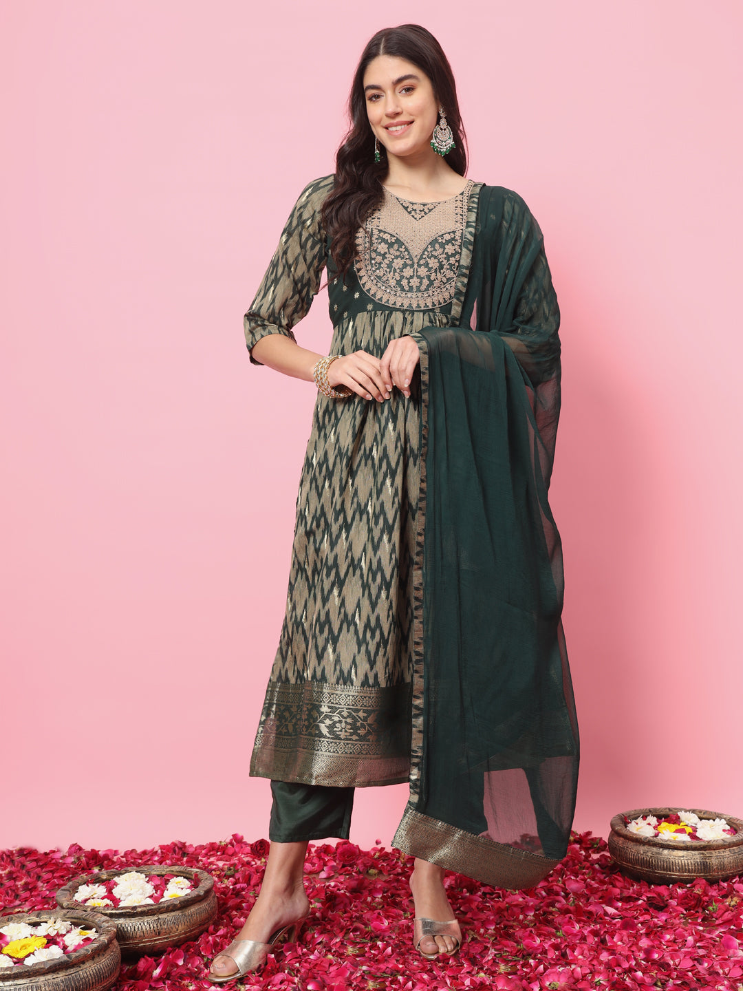 Zariya Flared Kurta and Trousers Pant Set Cotton Silk Blend - FitVibe Fashion