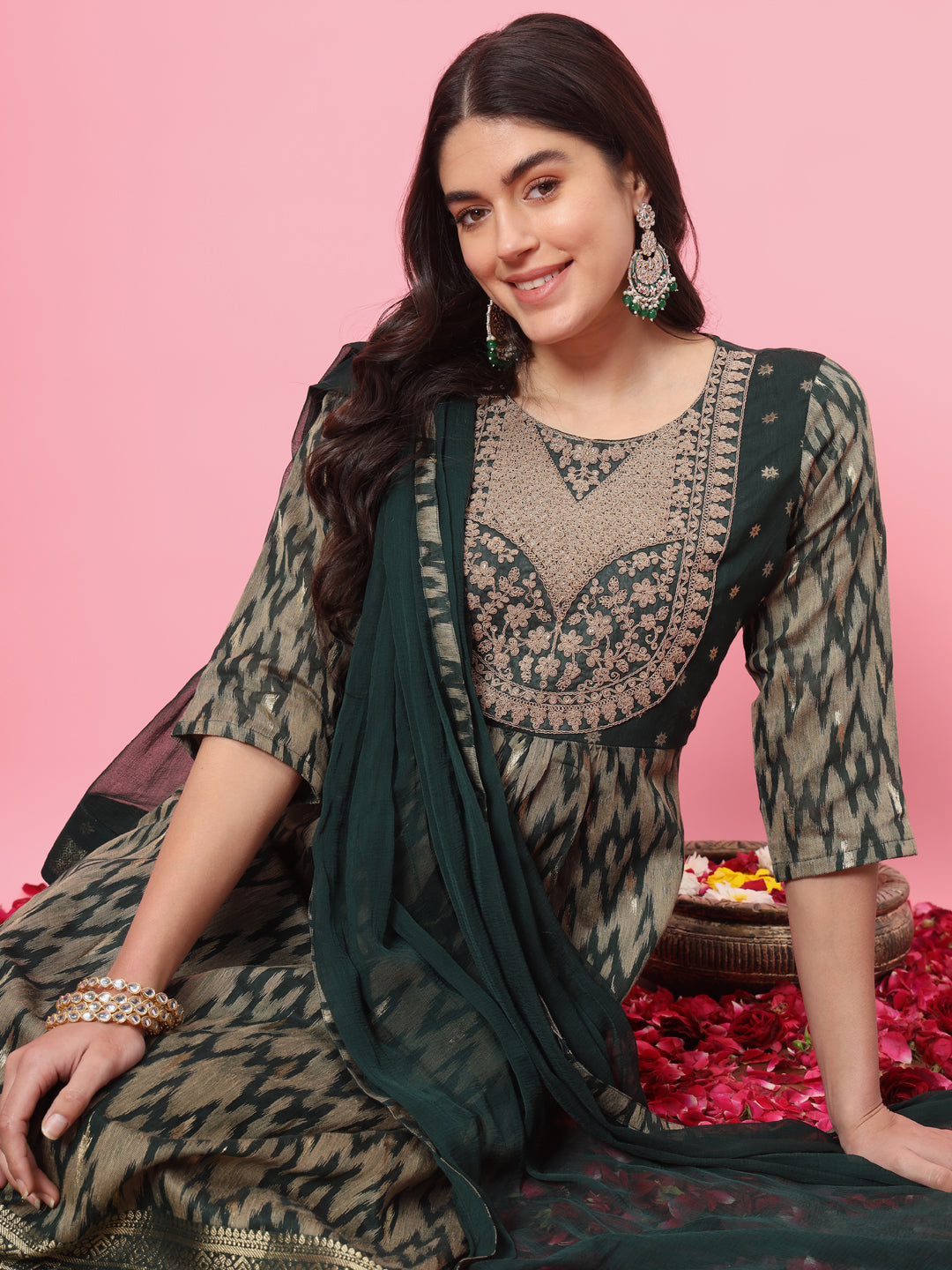 Zariya Flared Kurta and Trousers Pant Set Cotton Silk Blend - FitVibe Fashion