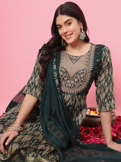 Zariya Flared Kurta and Trousers Pant Set Cotton Silk Blend - FitVibe Fashion