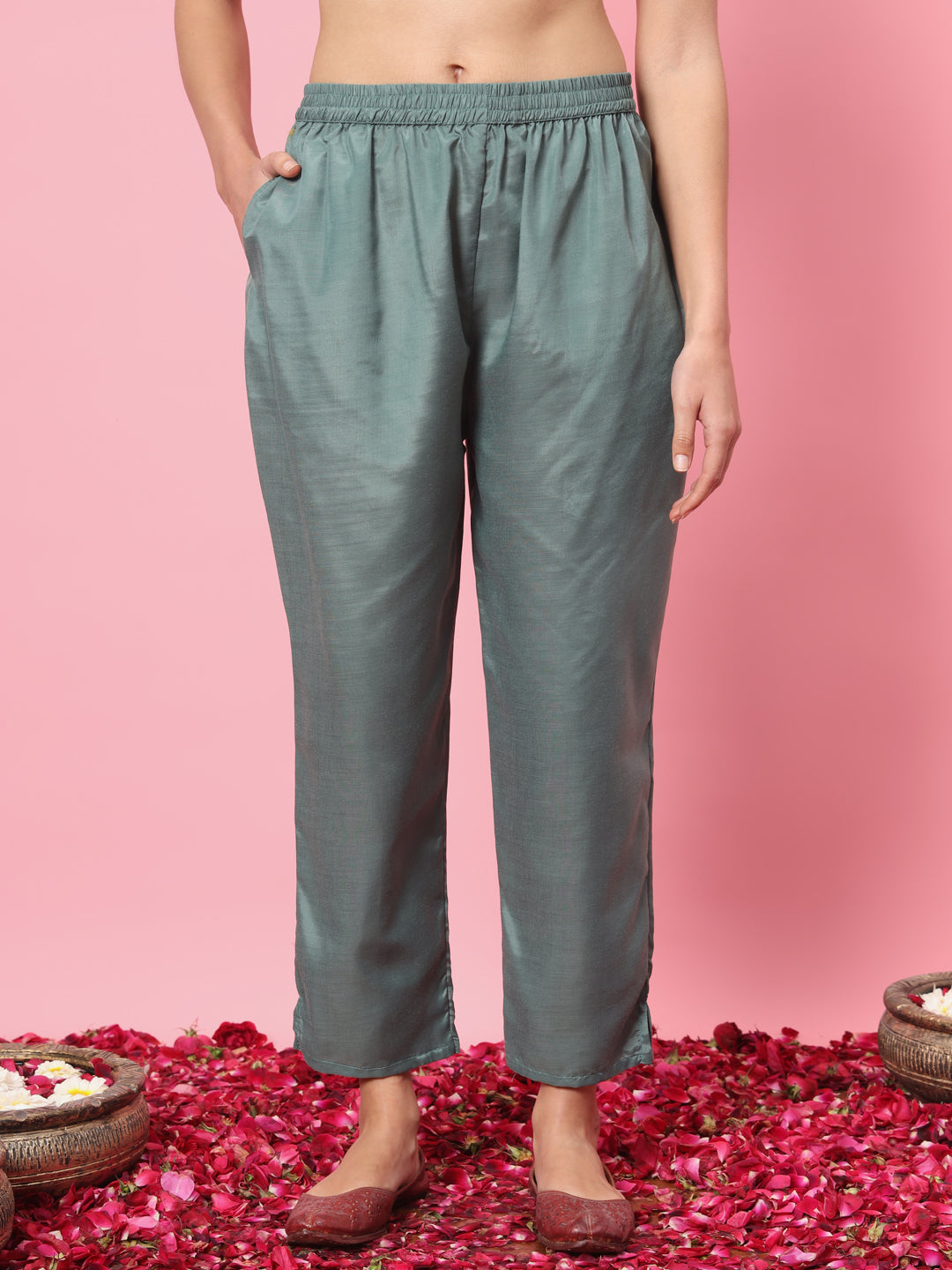 Zariya Flared Kurta and Trousers Pant Set Cotton Silk Blend - FitVibe Fashion
