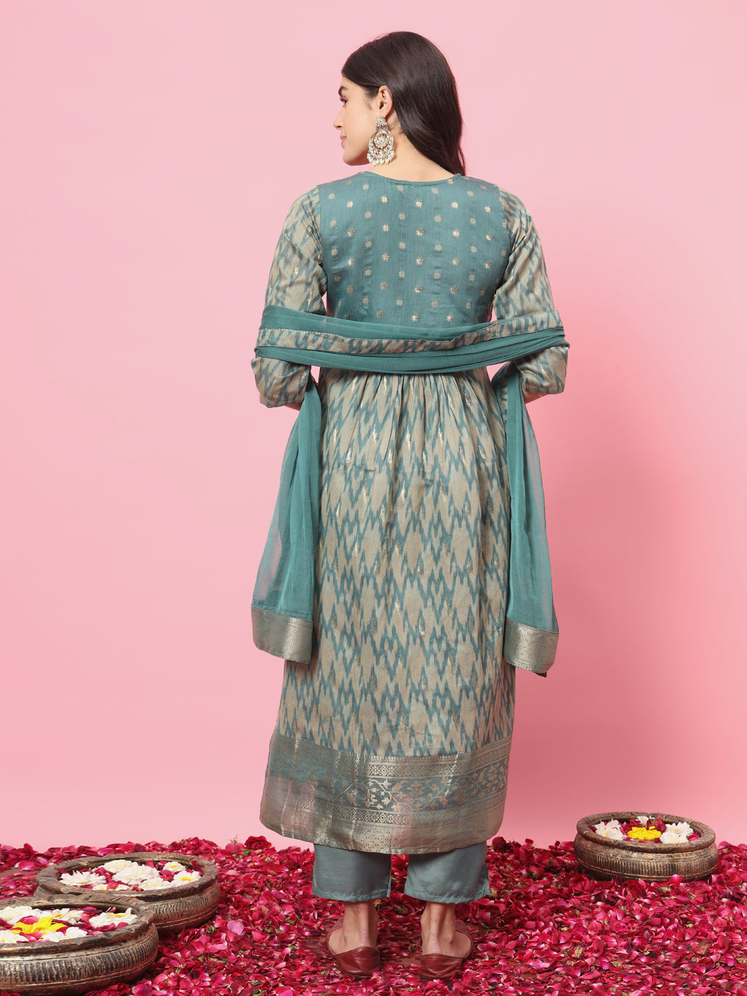 Zariya Flared Kurta and Trousers Pant Set Cotton Silk Blend - FitVibe Fashion
