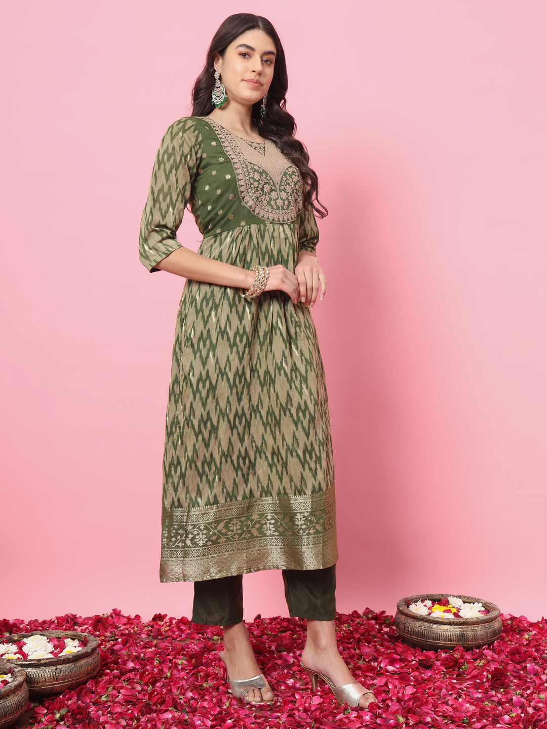 Zariya Flared Kurta and Trousers Pant Set Cotton Silk Blend - FitVibe Fashion