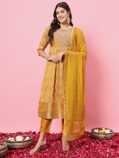 Zariya Flared Kurta and Trousers Pant Set Cotton Silk Blend - FitVibe Fashion