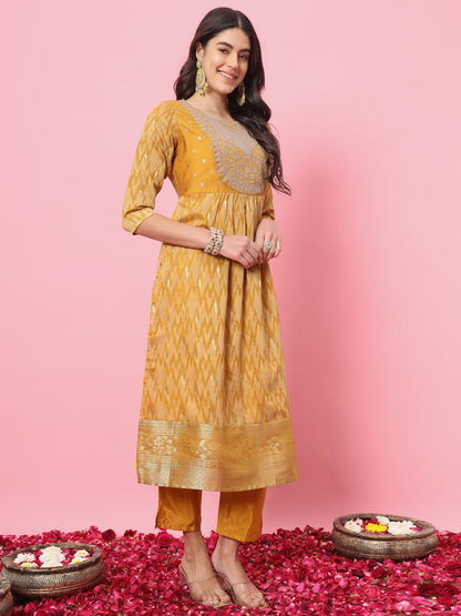 Zariya Flared Kurta and Trousers Pant Set Cotton Silk Blend - FitVibe Fashion