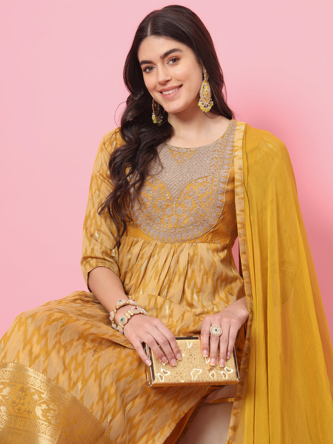 Zariya Flared Kurta and Trousers Pant Set Cotton Silk Blend - FitVibe Fashion