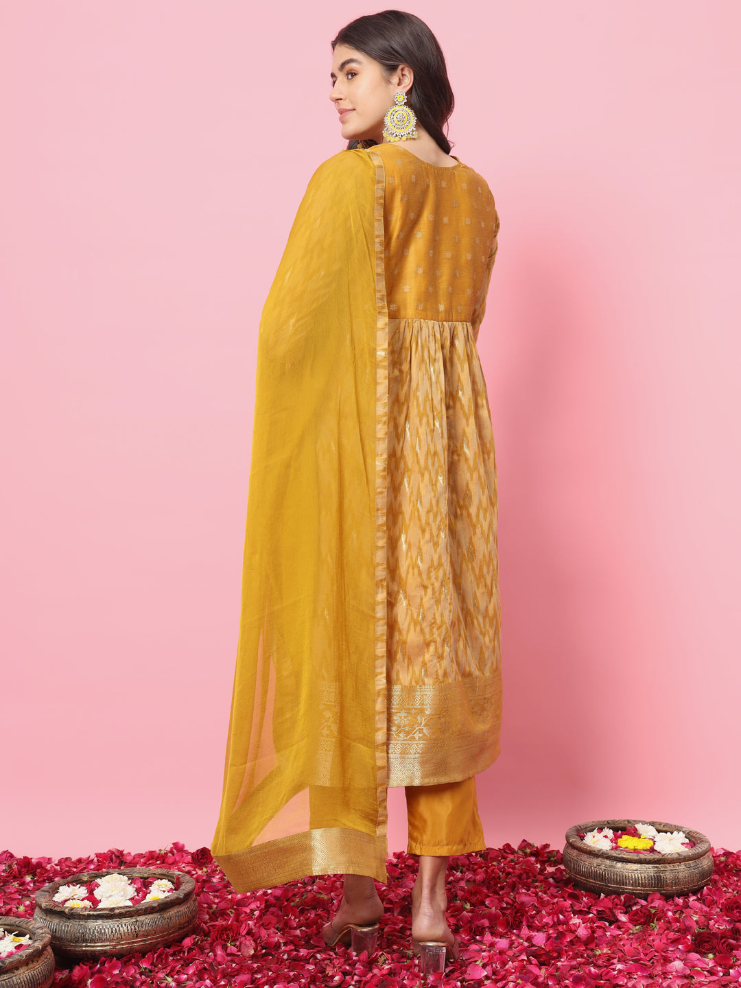 Zariya Flared Kurta and Trousers Pant Set Cotton Silk Blend - FitVibe Fashion