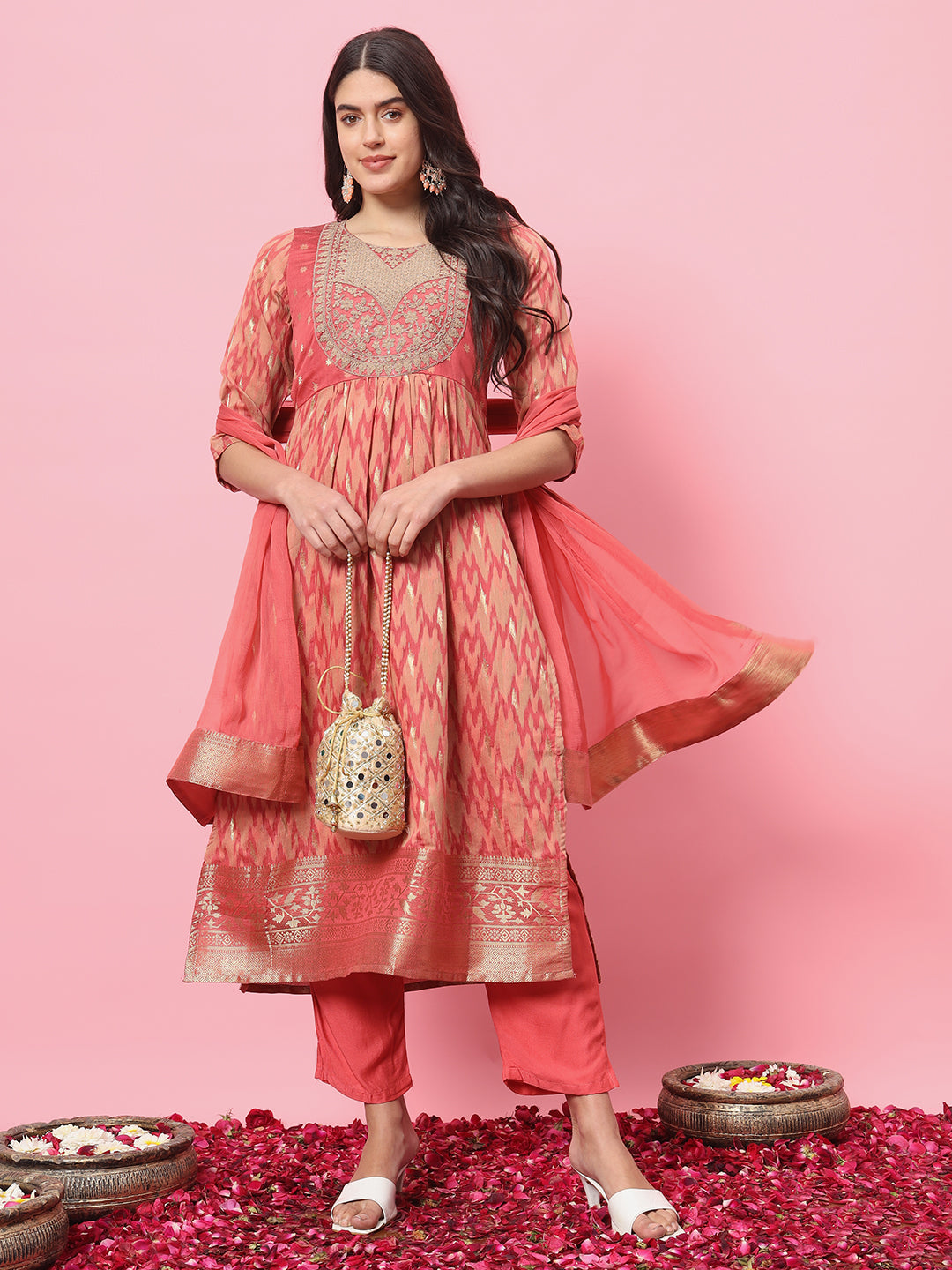 Zariya Flared Kurta and Trousers Pant Set Cotton Silk Blend - FitVibe Fashion