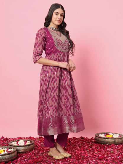 Zariya Flared Kurta and Trousers Pant Set Cotton Silk Blend - FitVibe Fashion