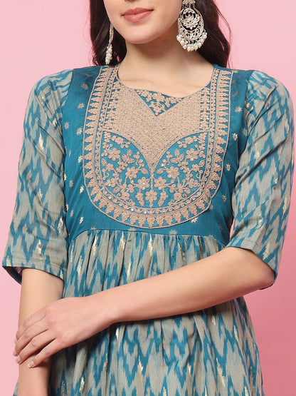 Zariya Flared Kurta and Trousers Pant Set Cotton Silk Blend - FitVibe Fashion