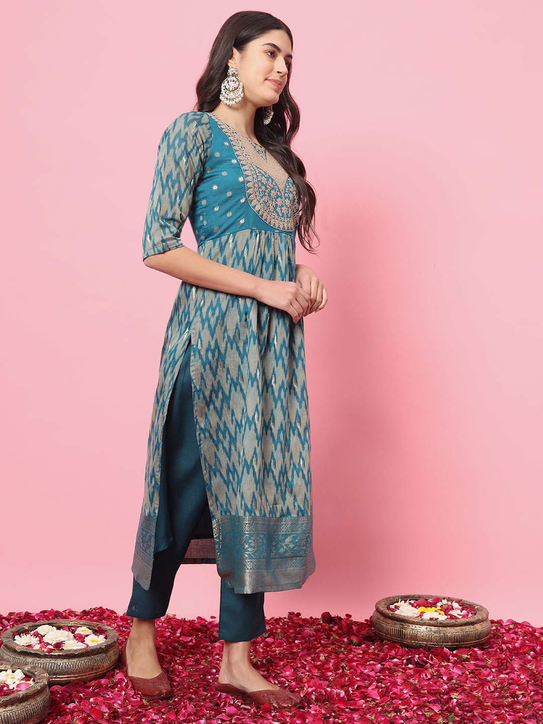 Zariya Flared Kurta and Trousers Pant Set Cotton Silk Blend - FitVibe Fashion