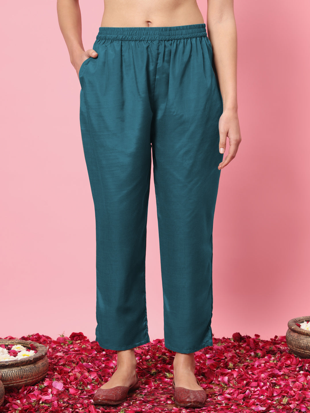 Zariya Flared Kurta and Trousers Pant Set Cotton Silk Blend - FitVibe Fashion