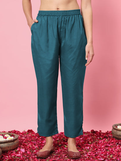 Zariya Flared Kurta and Trousers Pant Set Cotton Silk Blend - FitVibe Fashion