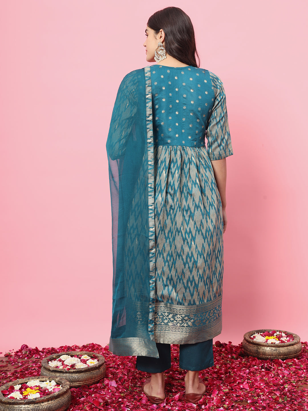 Zariya Flared Kurta and Trousers Pant Set Cotton Silk Blend - FitVibe Fashion