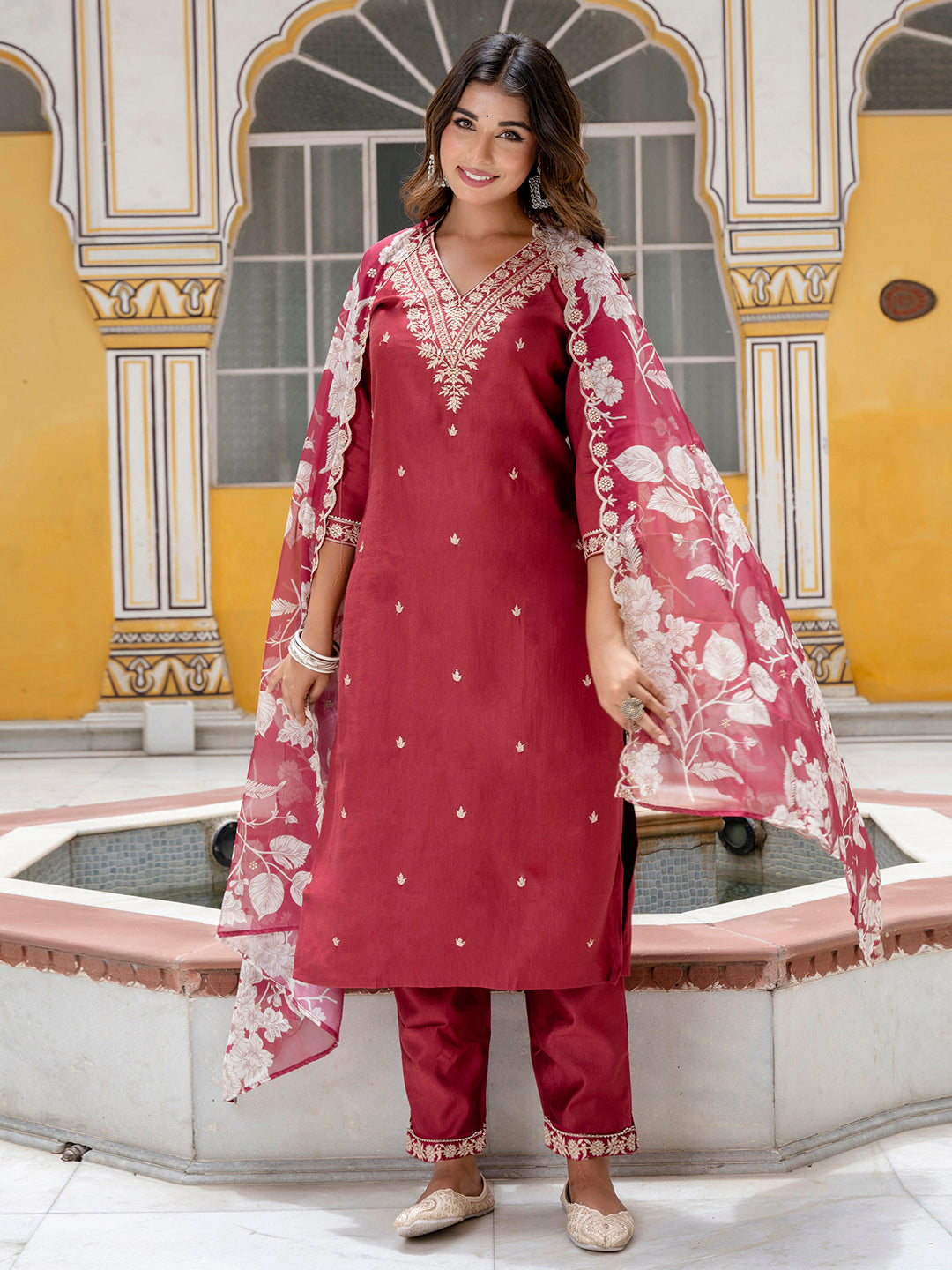 Maroon Embroidered Silk Blend Straight Suit With Dupatta - FitVibe Fashion