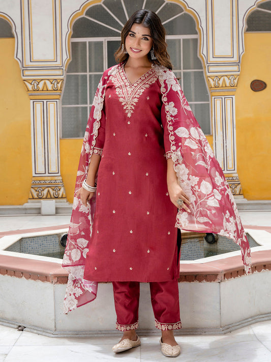 Maroon Embroidered Silk Blend Straight Suit With Dupatta - FitVibe Fashion