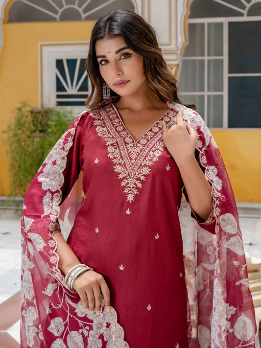 Maroon Embroidered Silk Blend Straight Suit With Dupatta - FitVibe Fashion