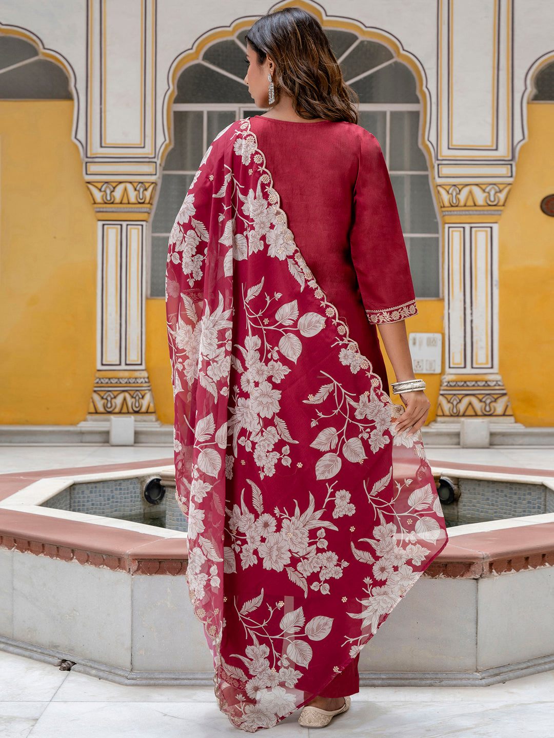 Maroon Embroidered Silk Blend Straight Suit With Dupatta - FitVibe Fashion