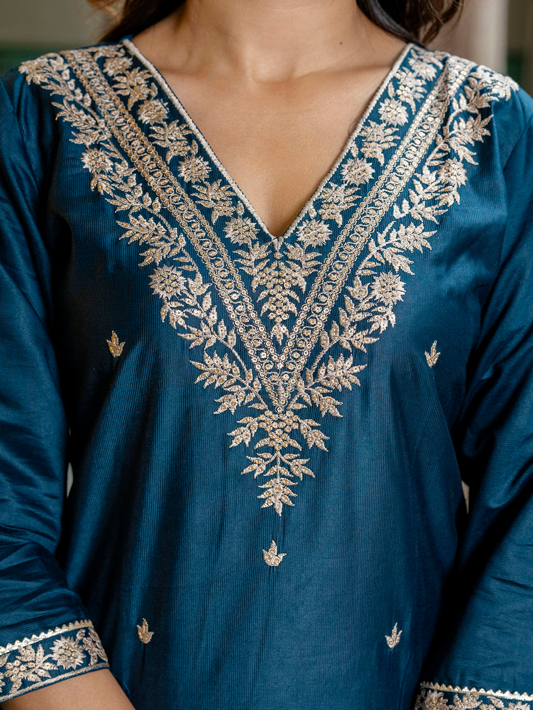 Teal Blue Embroidered Silk Blend Straight Suit With Dupatta - FitVibe Fashion