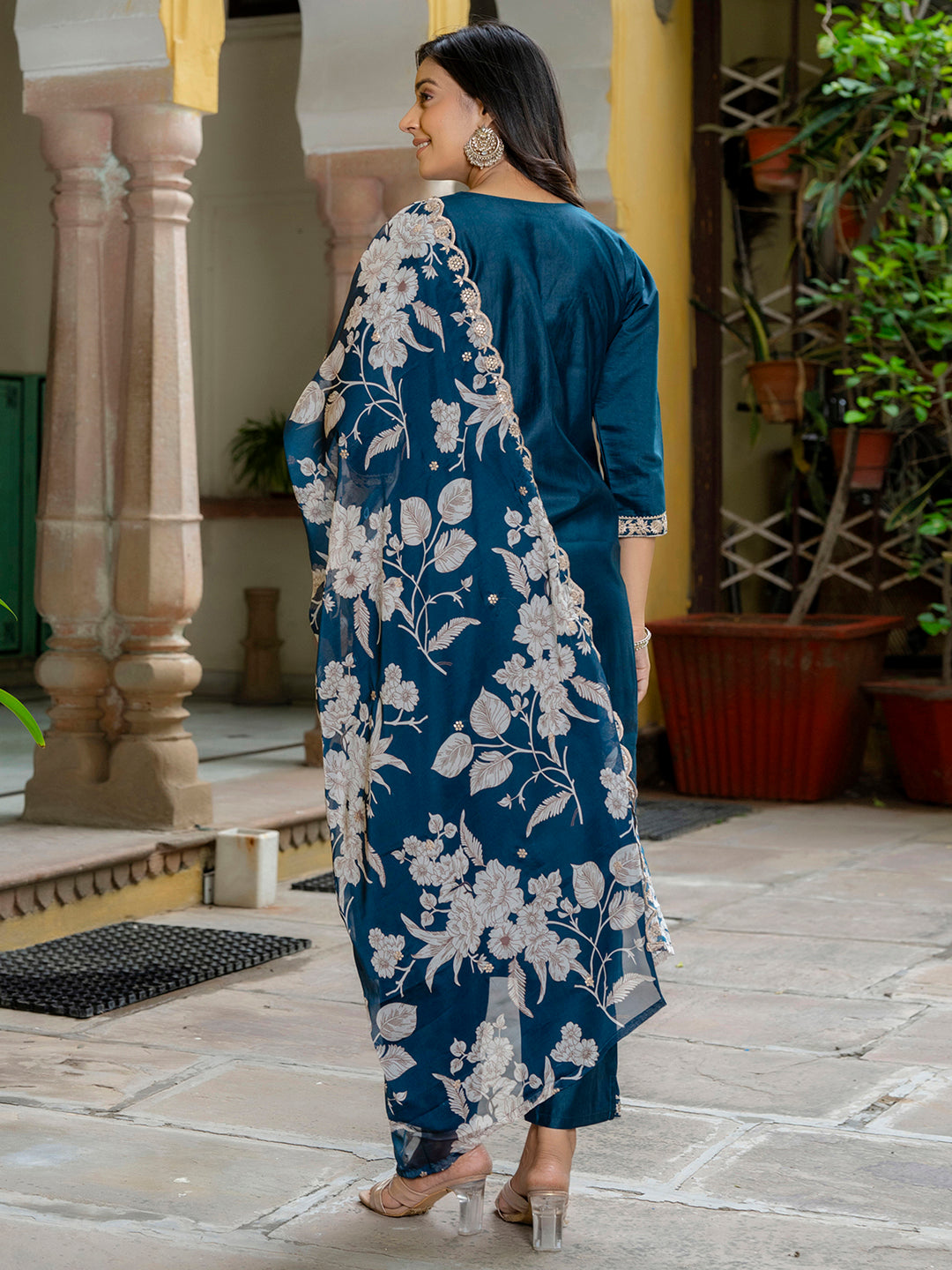 Teal Blue Embroidered Silk Blend Straight Suit With Dupatta - FitVibe Fashion
