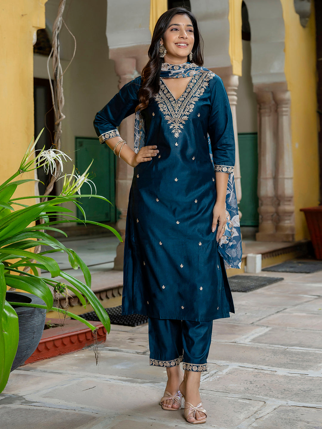 Teal Blue Embroidered Silk Blend Straight Suit With Dupatta - FitVibe Fashion