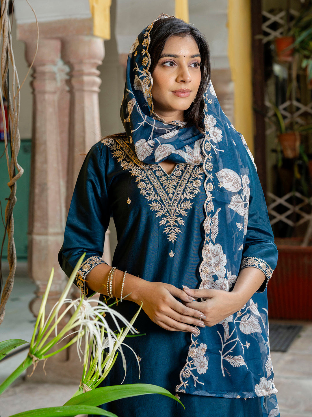 Teal Blue Embroidered Silk Blend Straight Suit With Dupatta - FitVibe Fashion