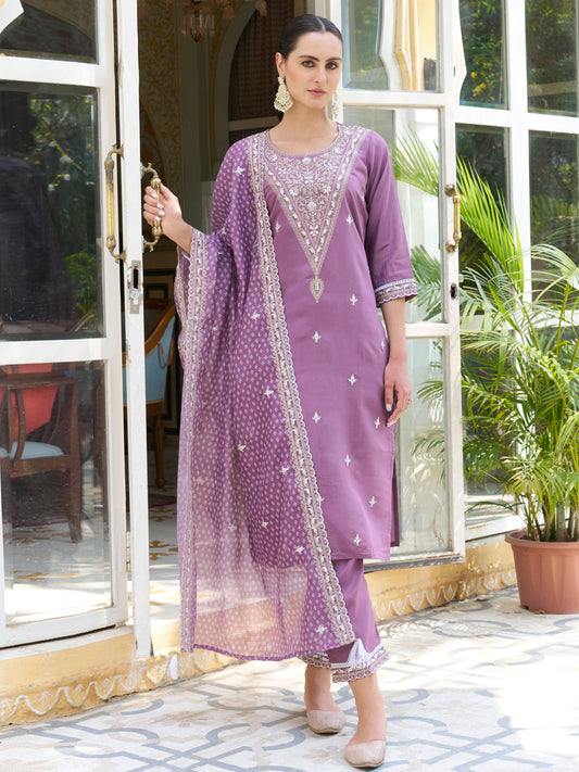 Tashi  Embroidered Silk Blend Straight Suit With Dupatta - FitVibe Fashion