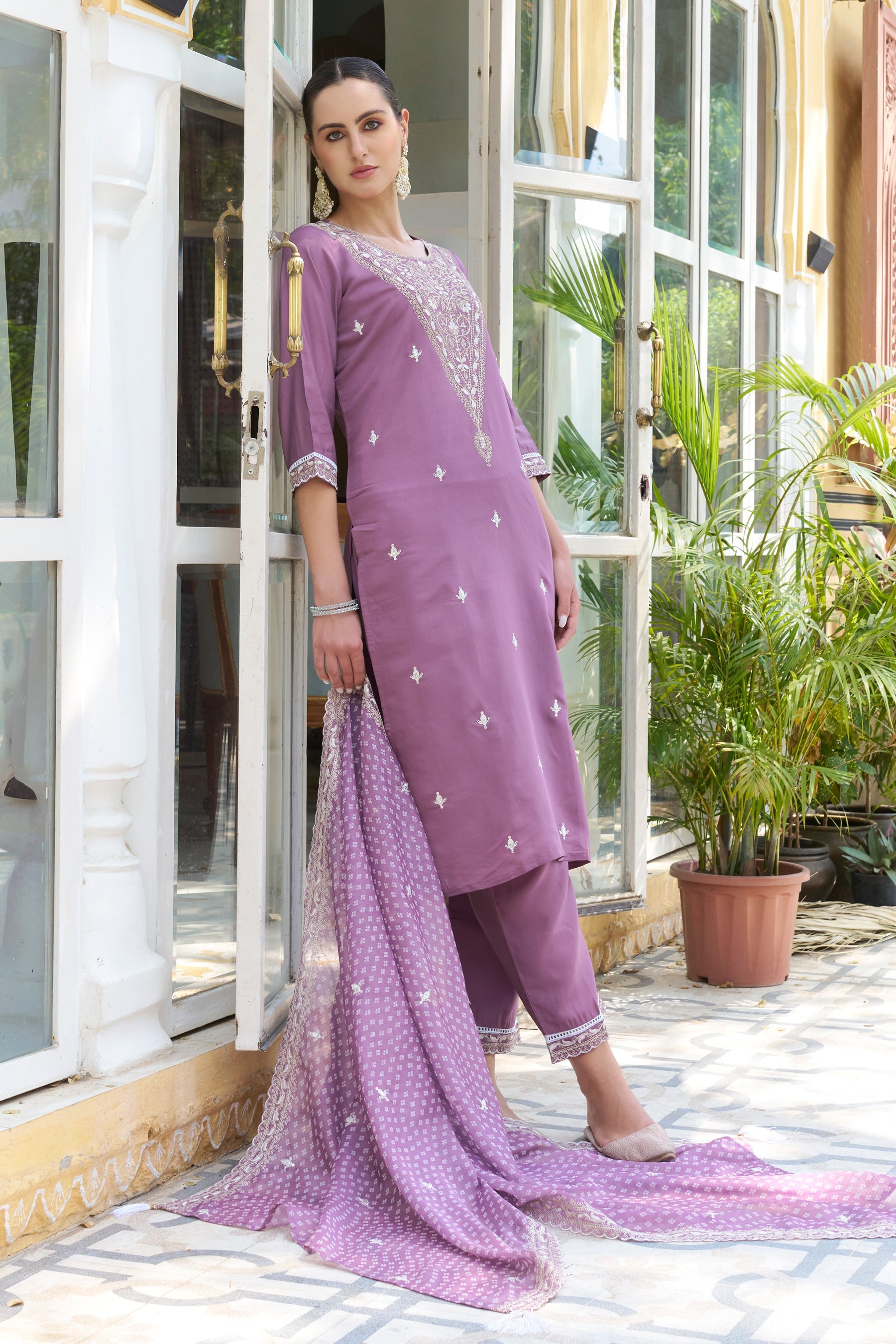 Tashi  Embroidered Silk Blend Straight Suit With Dupatta - FitVibe Fashion