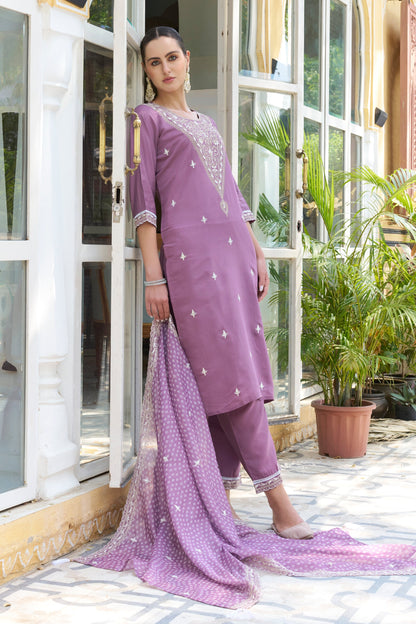 Tashi  Embroidered Silk Blend Straight Suit With Dupatta - FitVibe Fashion